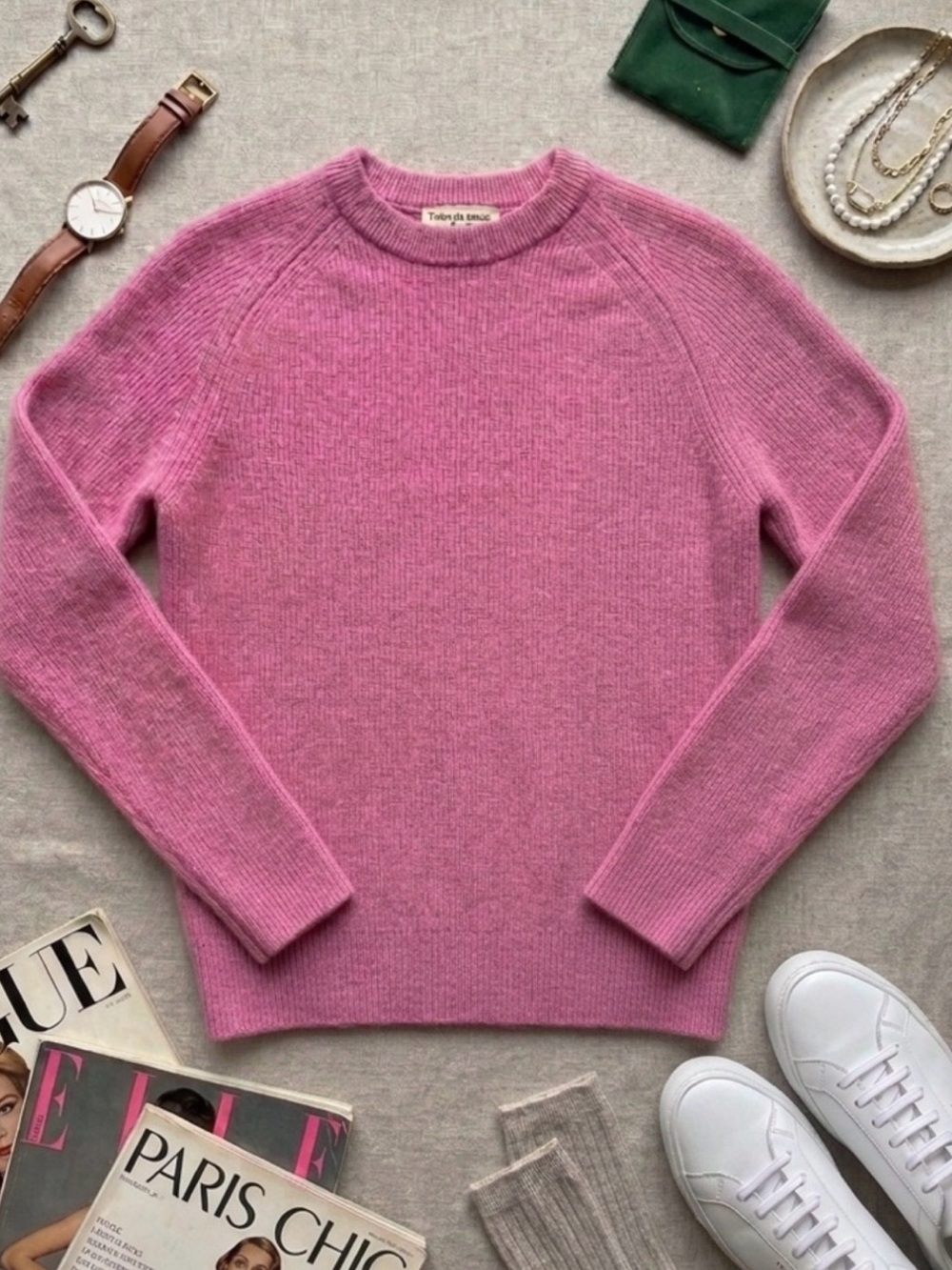 100% Cashmere Signature Ribbed Crewneck Sweater S Coquette Quiet Luxury Feminine